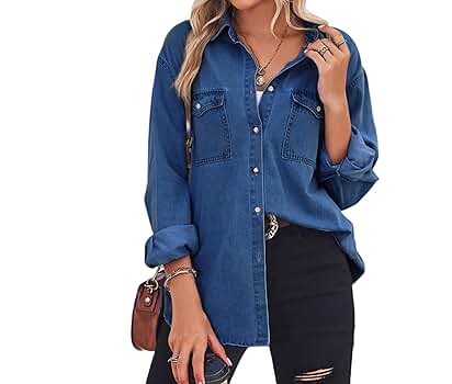 Women 2025 Button Down Denim Shirts Casual Long Sleeve V